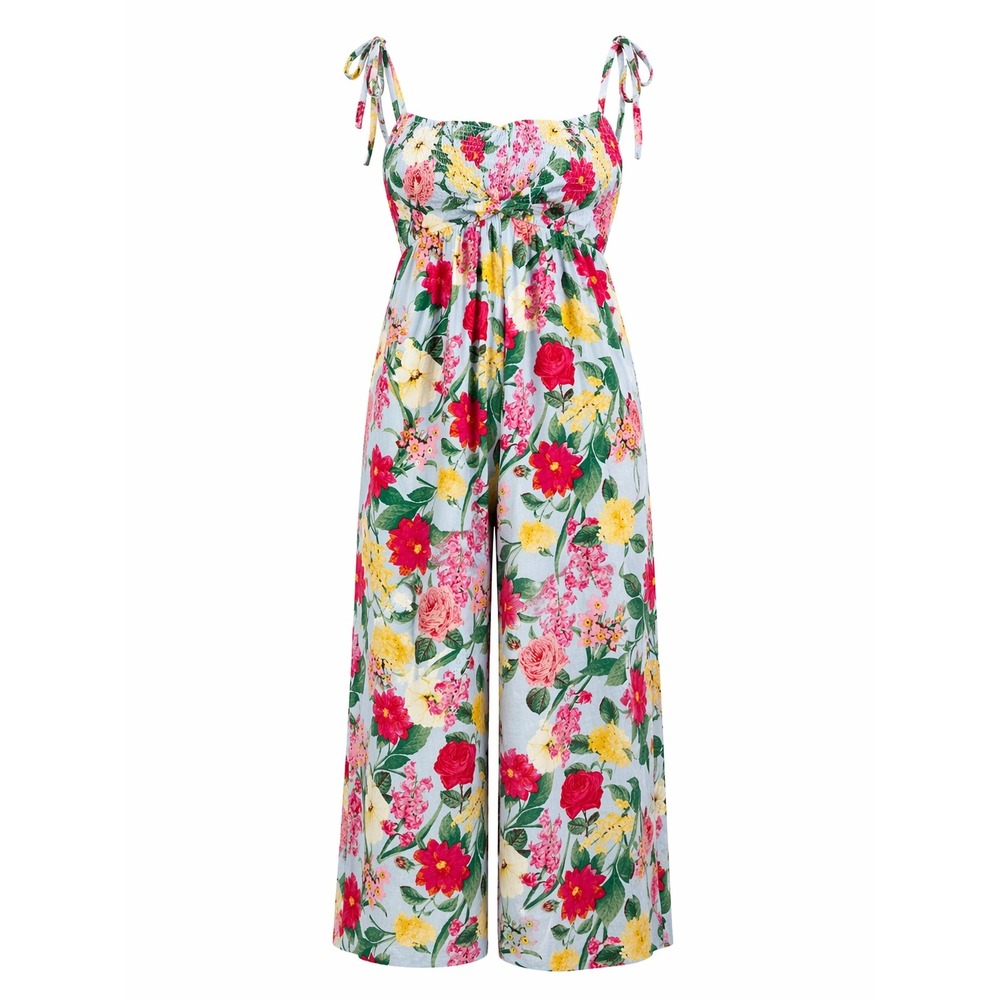 Old Navy Jumpsuit Womens L Floral Tie Strap Wide Leg Boho Summer Linen Romper